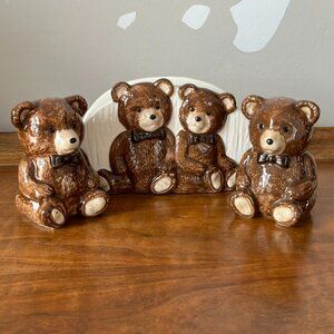 Vintage Otagiri Teddy Bear Salt and Pepper Shakers & Napkin Holder Brown Japan